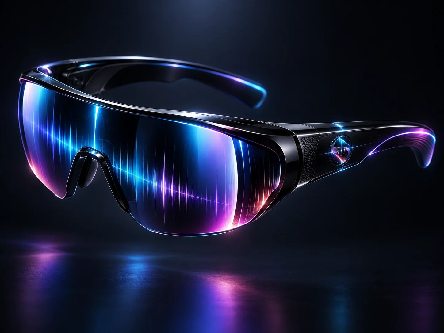 Sonovize™ shield eyewear concept: a single wraparound lens filled with a cyan and violet waveform of light, black frame with the emblem on the temple