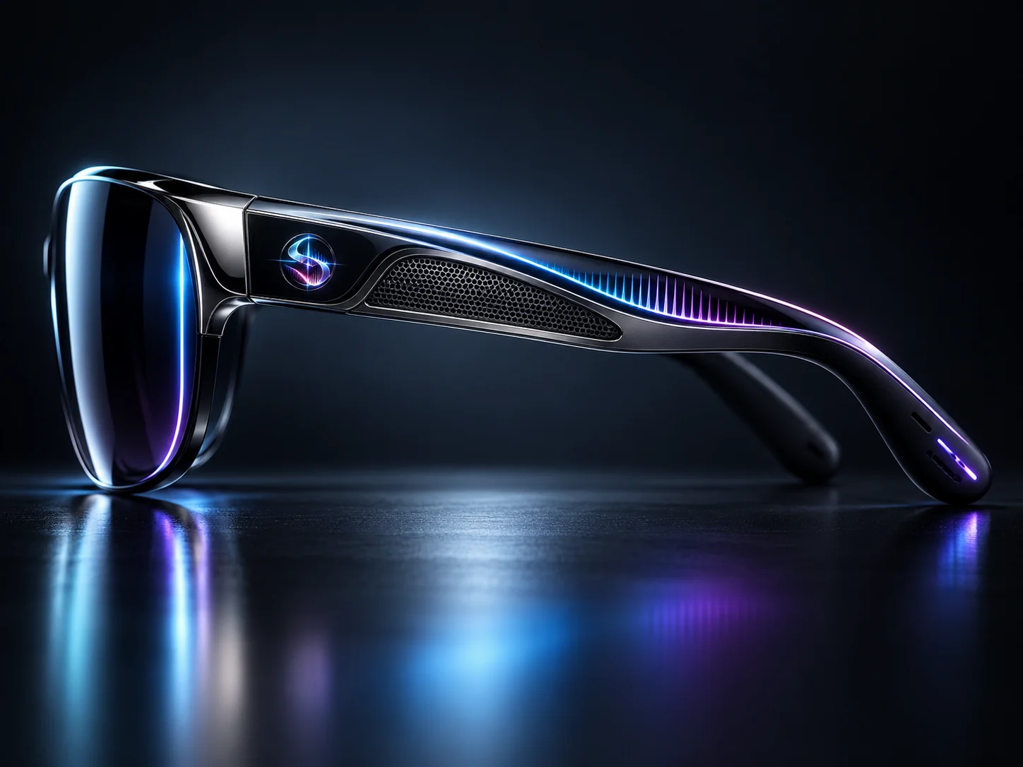 Sonovize™ eyewear concept, side profile: black chrome temple with the Sonovize emblem, an audio grille and a cyan-violet light line running to the temple tip