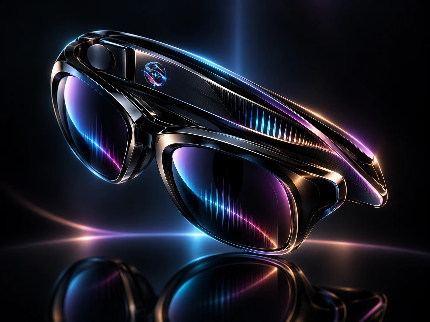 Sonovize™ eyewear concept, three-quarter view: black chrome frame, dark iridescent lenses carrying a cyan-to-violet waveform of light, emblem on the temple